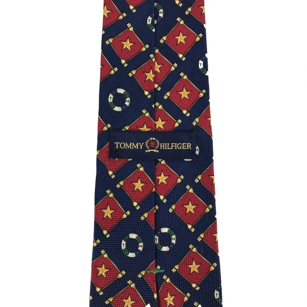 Vtg Tommy Hilfiger Mens Silk Tie Stars Nautical Life‎ Preservers Red Gold Navy